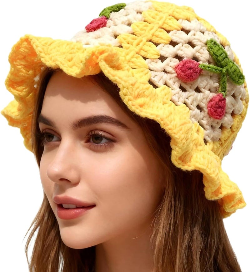 Busnos Crochet Bucket Hats for Women Handmade Hat Cute Foldable Knitted Hats for Women - Image 1